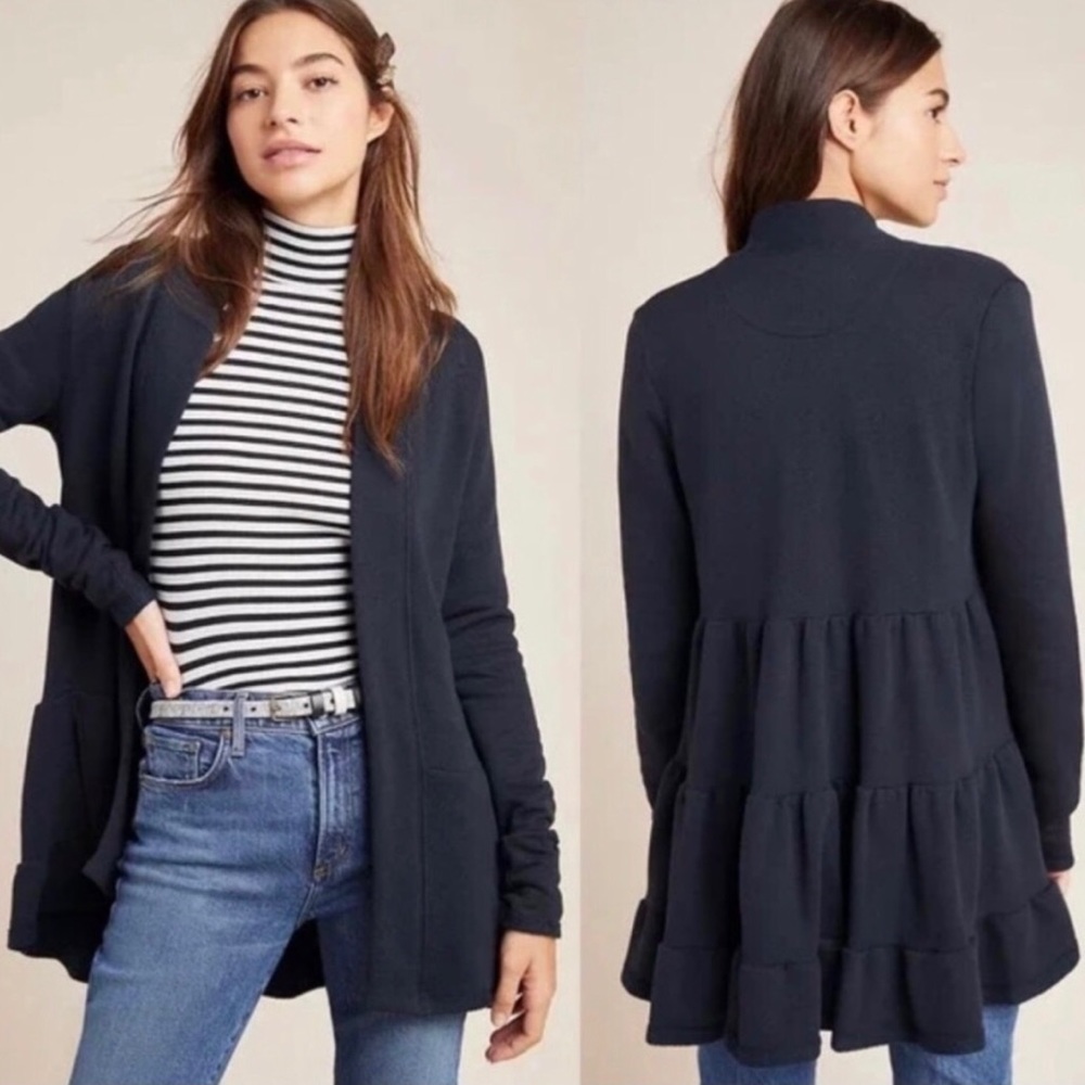 Anthropologie Womens Black Lila Tiered Babydoll Ruffled Open Front Cardigan XS